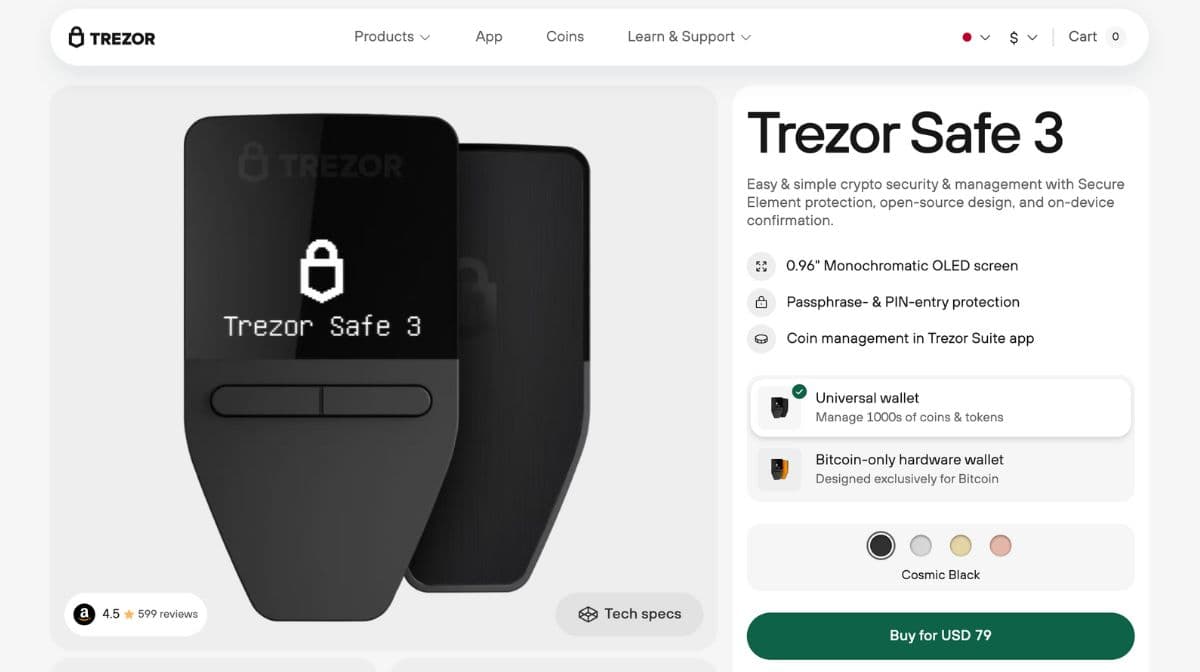 Trezor Safe 3の購入ページ