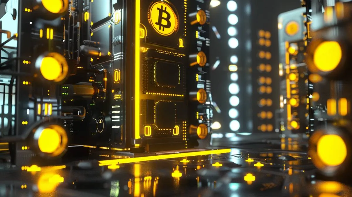 ビットコインロゴが浮かぶマシンルーム